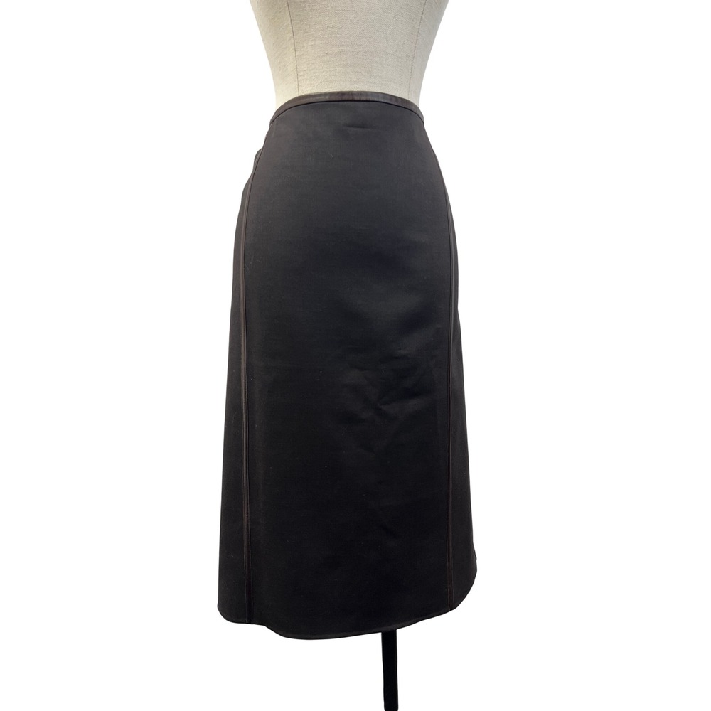 Celine Skirt Womens 44 Brown Excellent Wool Leather Trim Midi Made in France